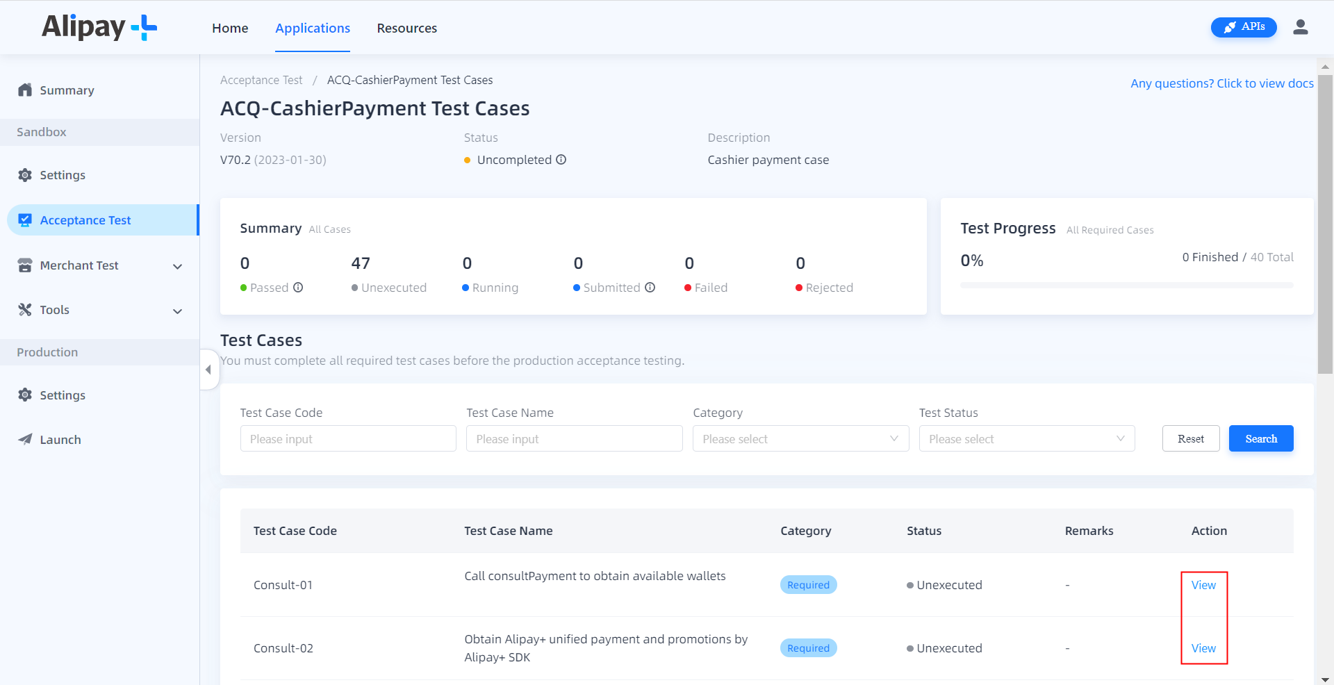 Conduct sandbox acceptance testing | Alipay+ Developer Center User ...