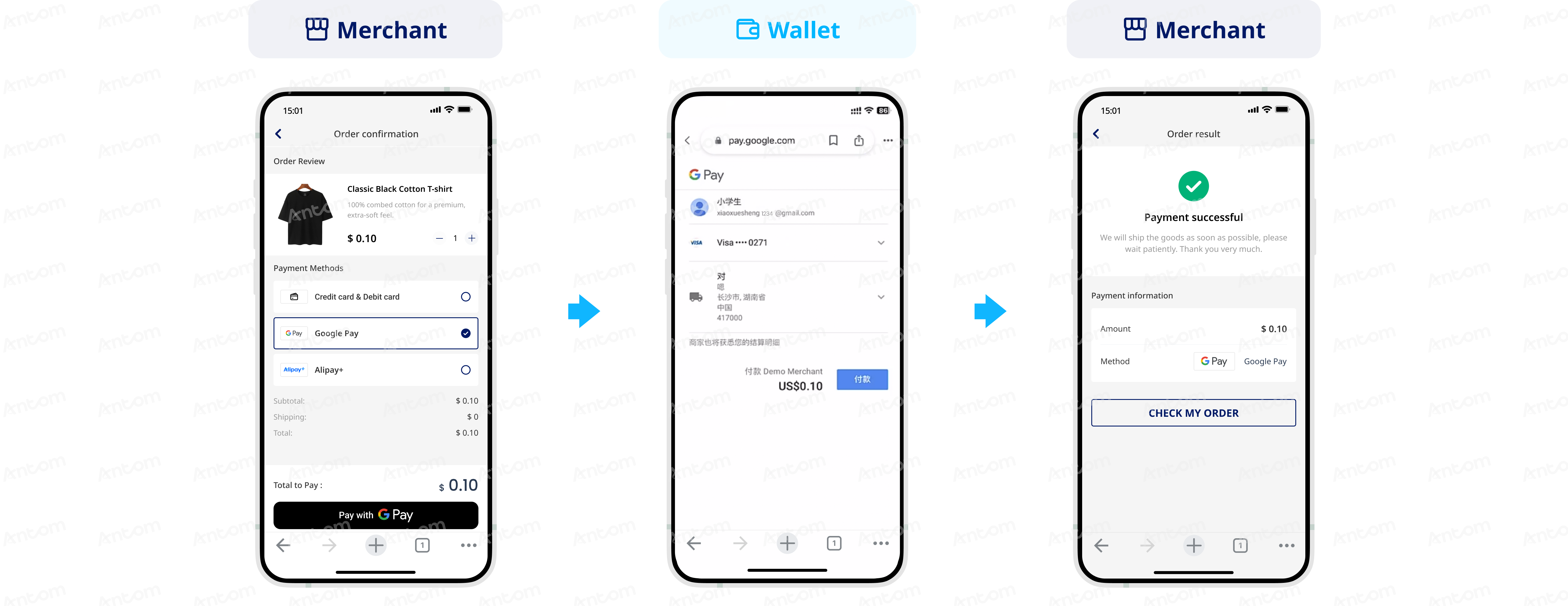 Mobile user experience for buyers completing payment with Google Pay through APM API-only integration